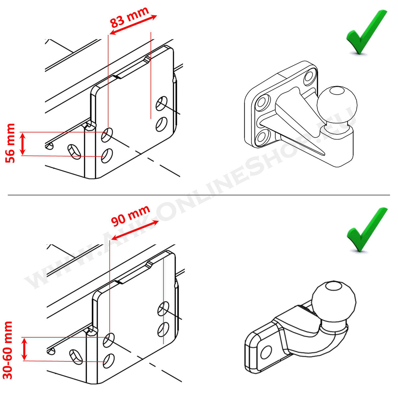 AHK adapter plate - height adjustment for AHK bracket (2 screws - for 2 hole 90mm ball) 