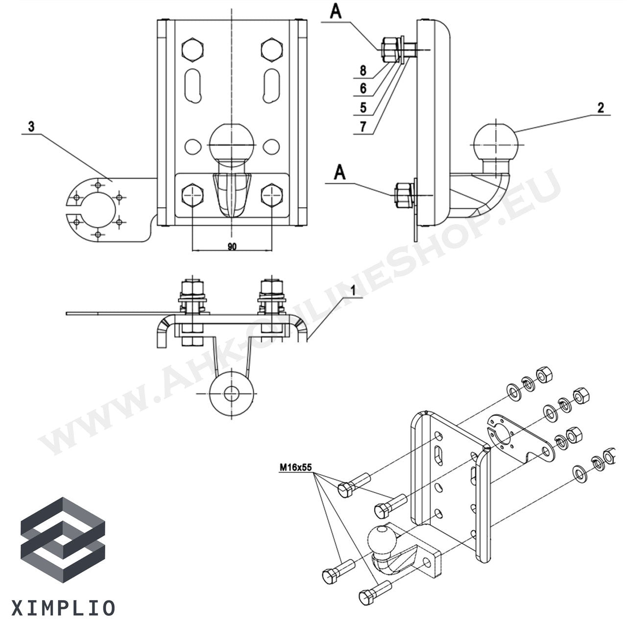 AHK adapter plate - height adjustment for AHK bracket (2 screws - for 2 hole 90mm ball) 